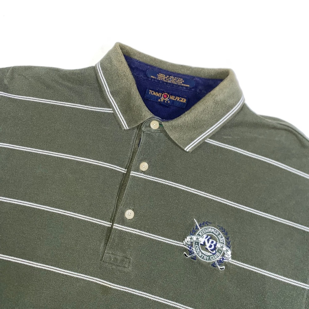 Tommy Hilfiger Golf Mens Olive Green Striped Polo Kissimmee Bay Country Club XL